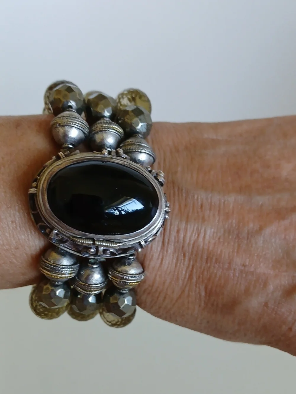 Black onyx  Stone Silver Beaded Stretch Bracelet